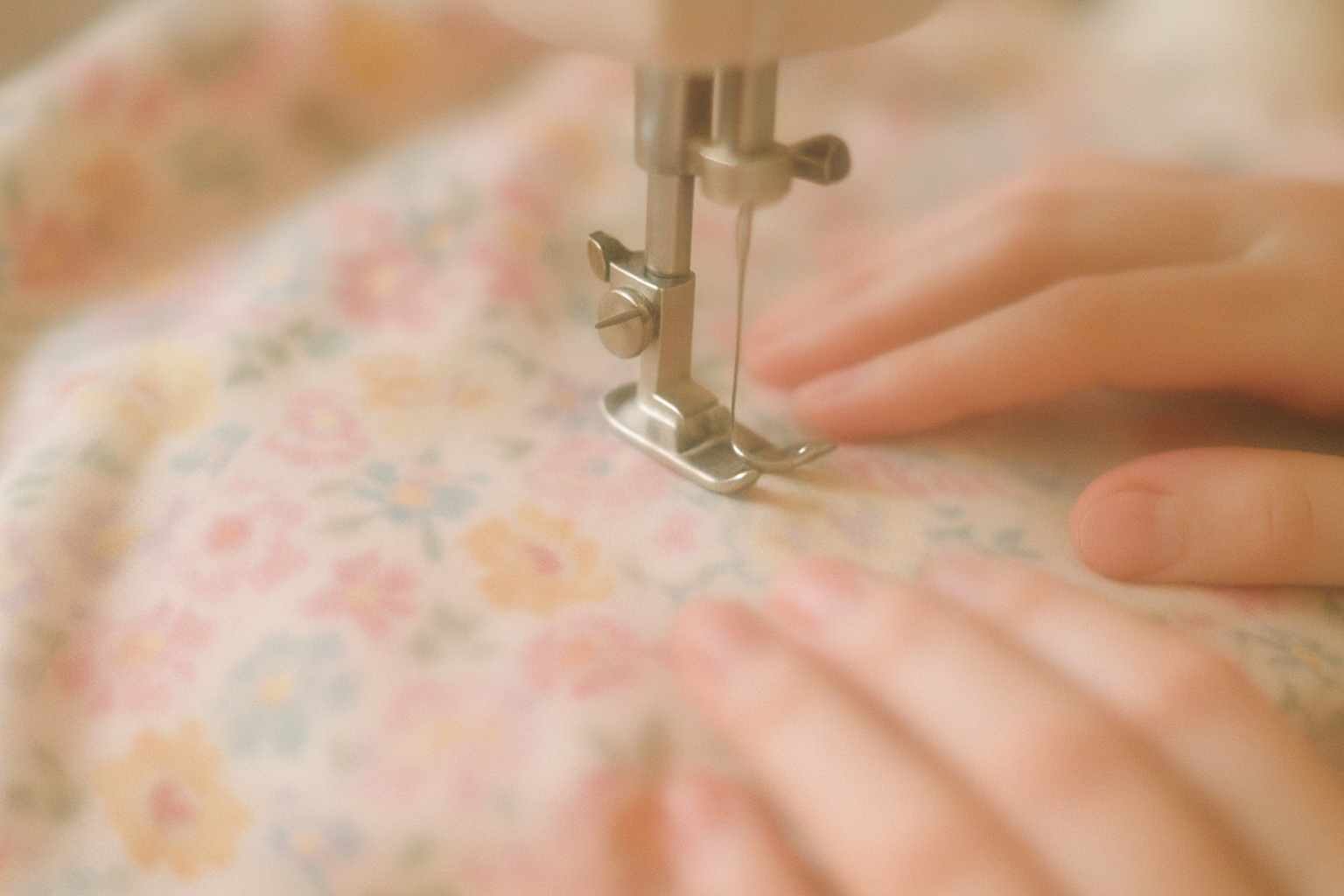 une image floue d'un tissu fleuri pastel avec des mains sous un pied de biche d'une machine à coudre
